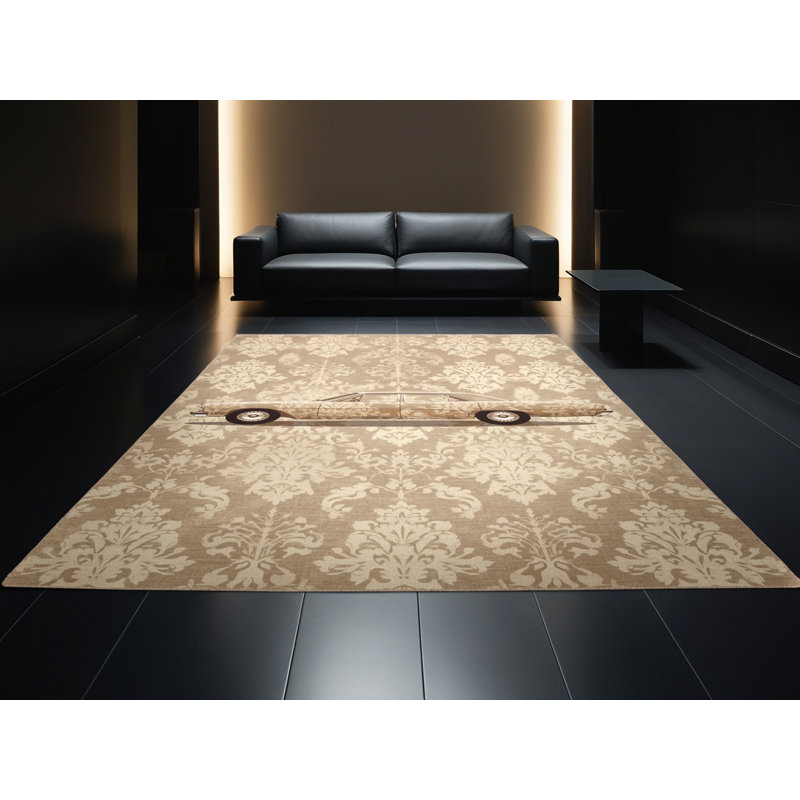 Machine Washable Vehicles And Transportation Classic Sedan Car Vintage Damask Rug in Brown – Beige Binding, 5x7