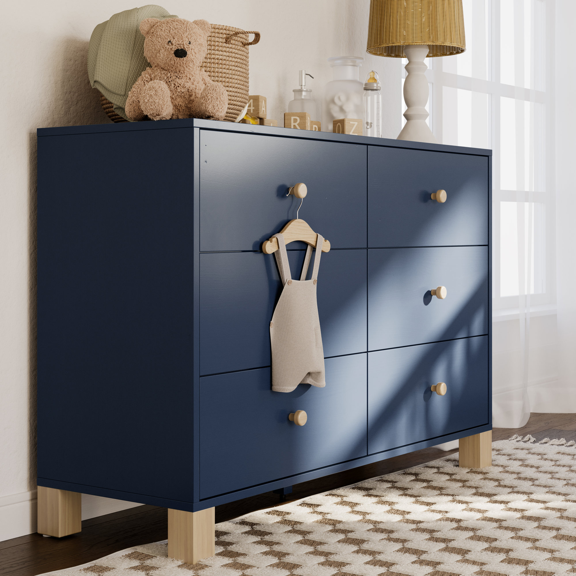 California 6 Drawer Dresser, Midnight Blue/Driftwood