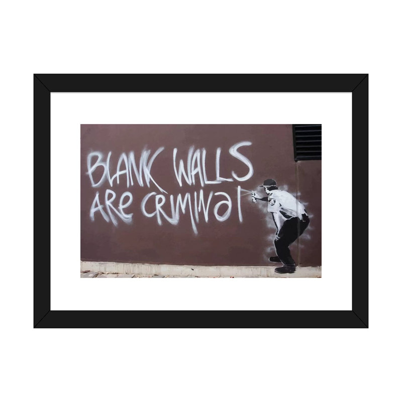 Les murs vides sont des motifs criminels, H 24 po x l 32 po x P 1 po, Papier encadré noir, Blanc