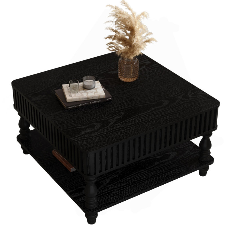 Lift Top Coffee Table with Storage, Solid Wood Black, Fluted Columns, Black
