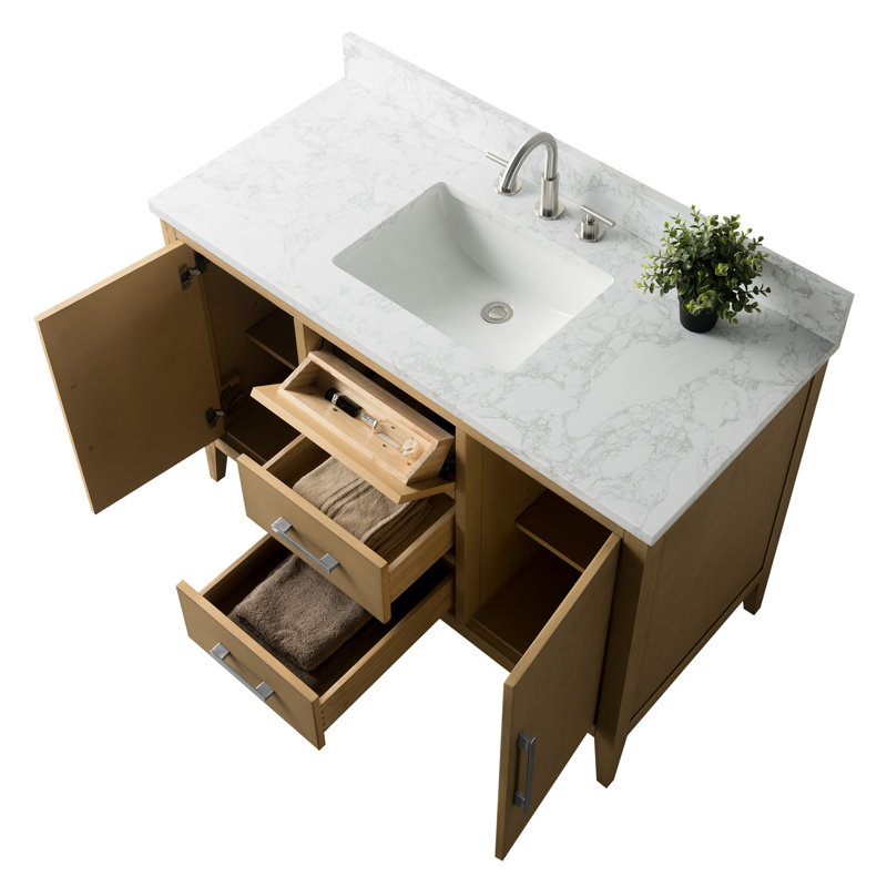 Meuble-lavabo simple 48 po avec plateau en marbre, Chêne naturel, Nickel brossé