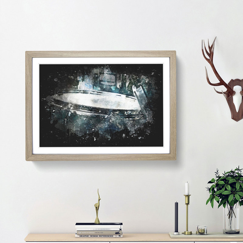 Teal Blue Drum Kit - Picture Frame Graphic Art Print, Oak Framed, 45cm H x 63cm W x 2cm D