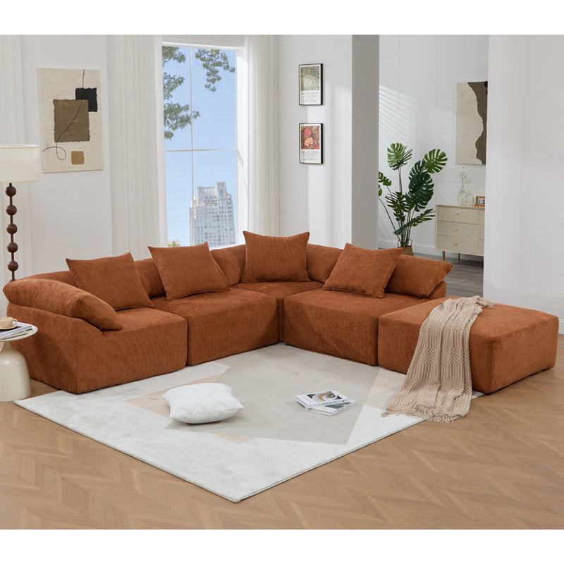 Boneless 142" L Shaped Modular Sectional Sofa,No Assembly,5 Piece Couch, Convertible Sleeper Couch,Full-Compressed Couch,Free-Combined Couches,5 Seat & Ottoman,Chenille