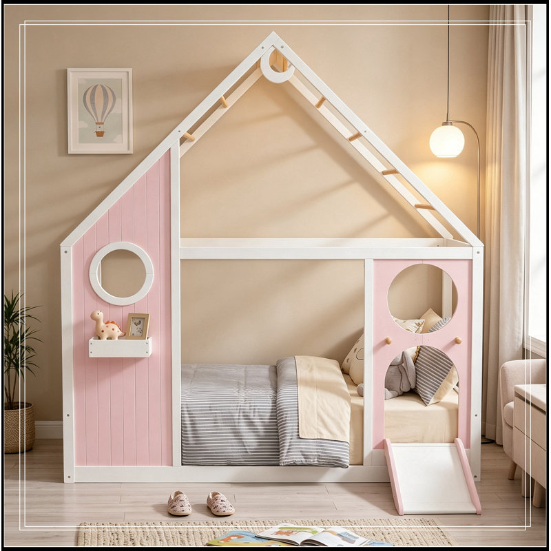 Maison jumelle Geib avec glissoire, bande lumineuse boule et panneau avant, Rose