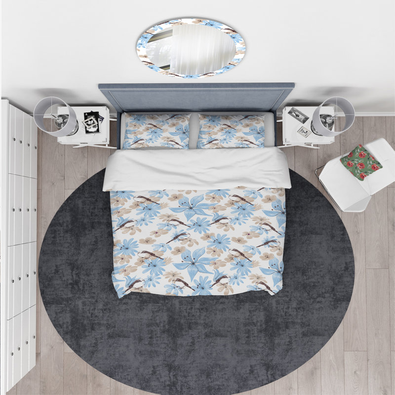 Ensemble de housse de couette Designart, dessin de fleurs avec petit oiseau
