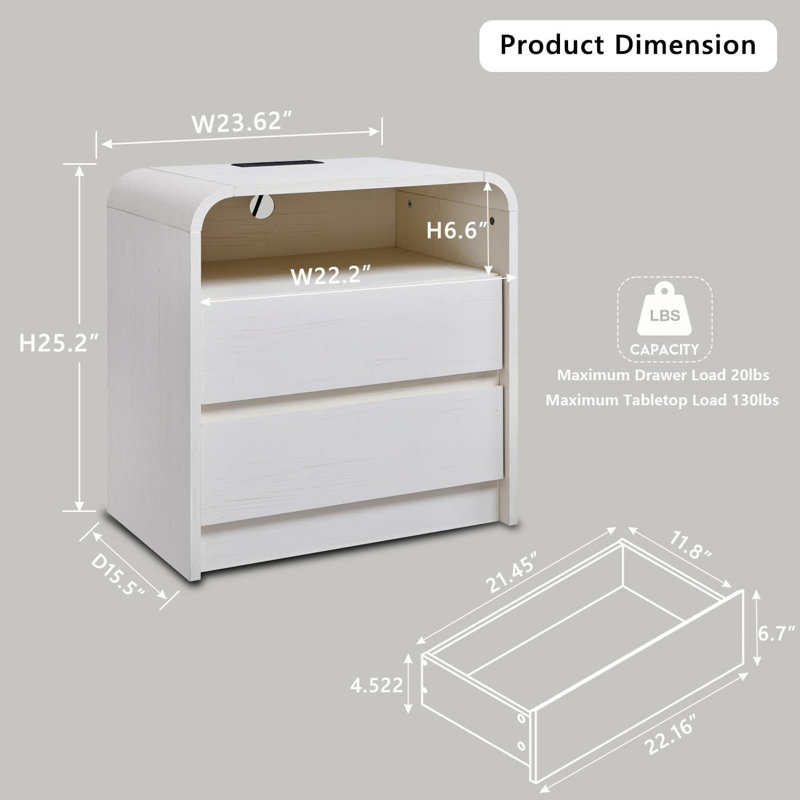 Table de chevet 2 PCS de 23,62 po de largeur avec 2 tiroirs, tablette de rangement ouverte et trou pour câbles, table de bout latérale robuste pour la chambre à coucher et le salon, blanc