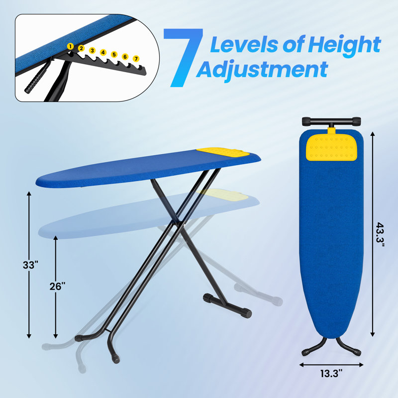 Planche à repasser réglable à 7 hauteurs avec repose-fer en silicone, planche à repasser pliable peu encombrante, planche à repasser robuste en métal