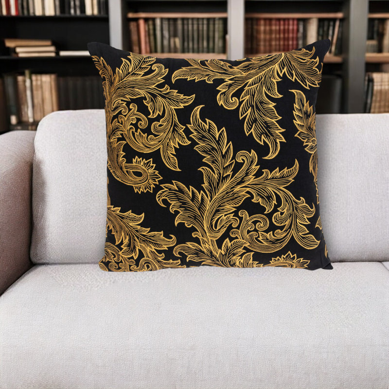 Coussin décoratif en coton 22 po noir et orange avec broderie