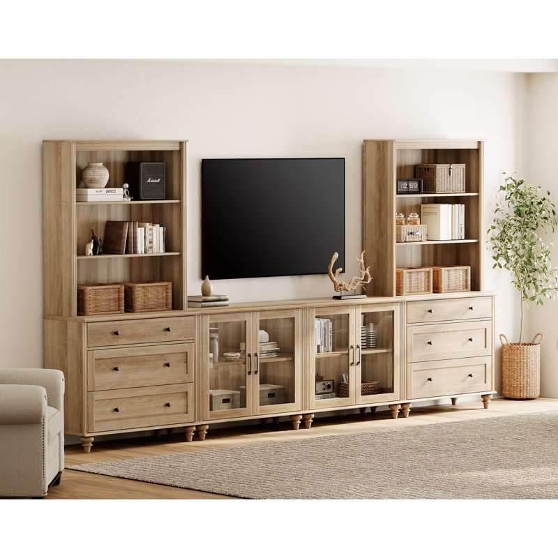 Entertainment Center With Bookshelves With Glass Doors & Drawer, Farmhouse Wall Unit TV Stand For Tvs, Bedroom & Home Theater