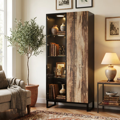Grande vitrine à DEL en verre, vitrine autoportante de 68,9 po avec lumières DEL, vitrine de rangement en bois à une porte