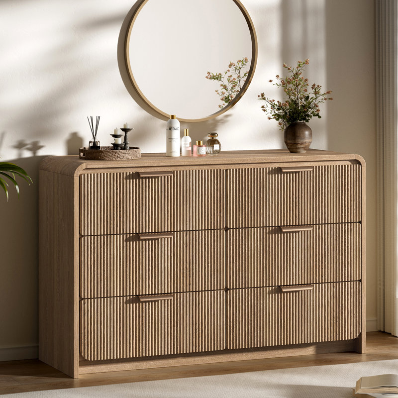 Commode moderne à 6 tiroirs avec profil incurvé, meuble télé en bois pour commode pour le salon, Brun