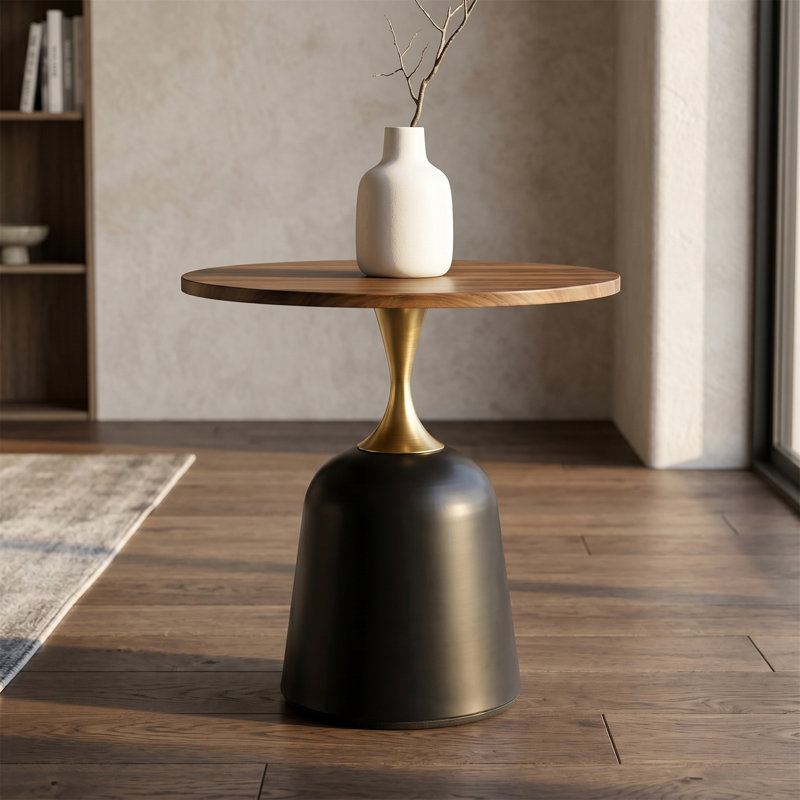 Table basse ronde de 23,6 po, table d'appoint à base en métal, bureau à dossier rond unique, Noyer