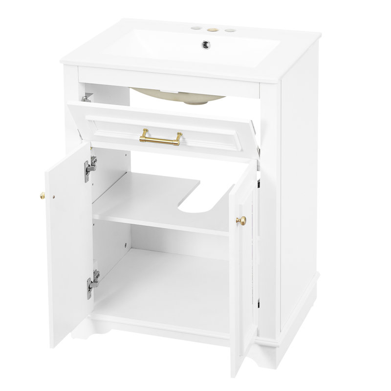 Meuble-lavabo 24 po avec lavabo intégré, blanc, 2 portes, 1 tiroir basculant, design contemporain, rangement spacieux, quincaillerie, installation rapide pour salle de bain au look moderne, compartiments, panneaux, assemblage