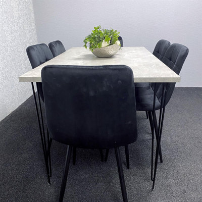 Grey Dining Table with Hairpin Legs & 6 Velvet Chairs (75cm)