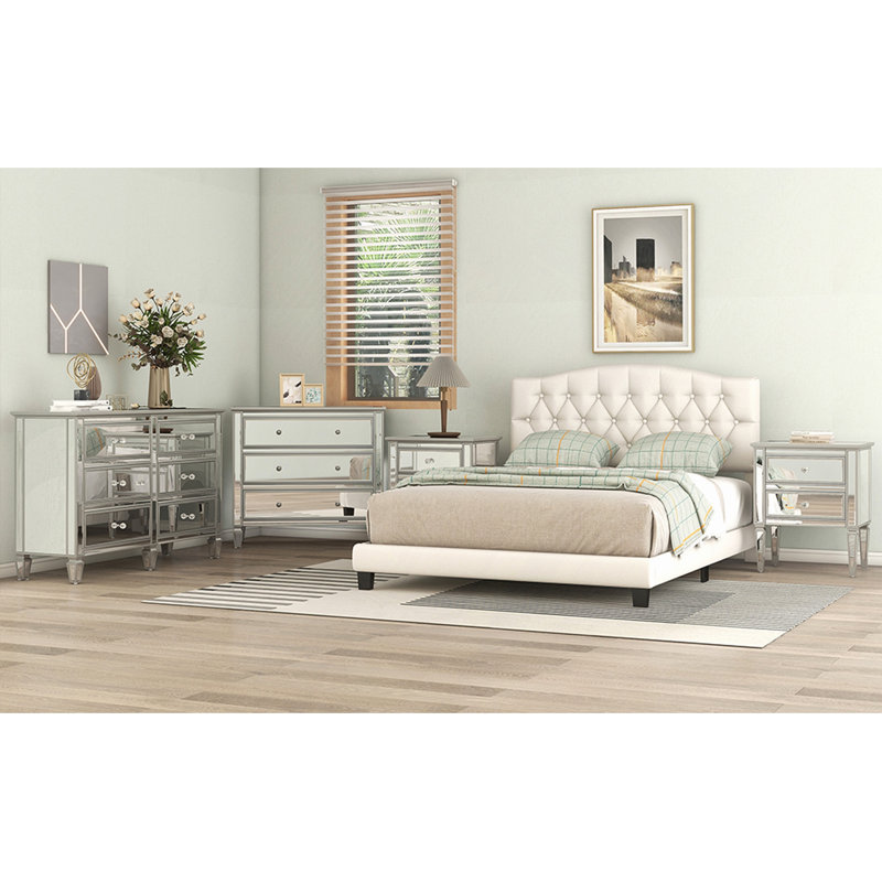 Bed, Upholstered Platform Bed With Saddle Curved Headboard And Diamond Tufted Details