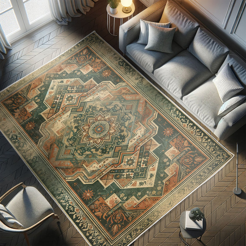 Hunter Green and Peach Oriental Synthetic Runner Rug