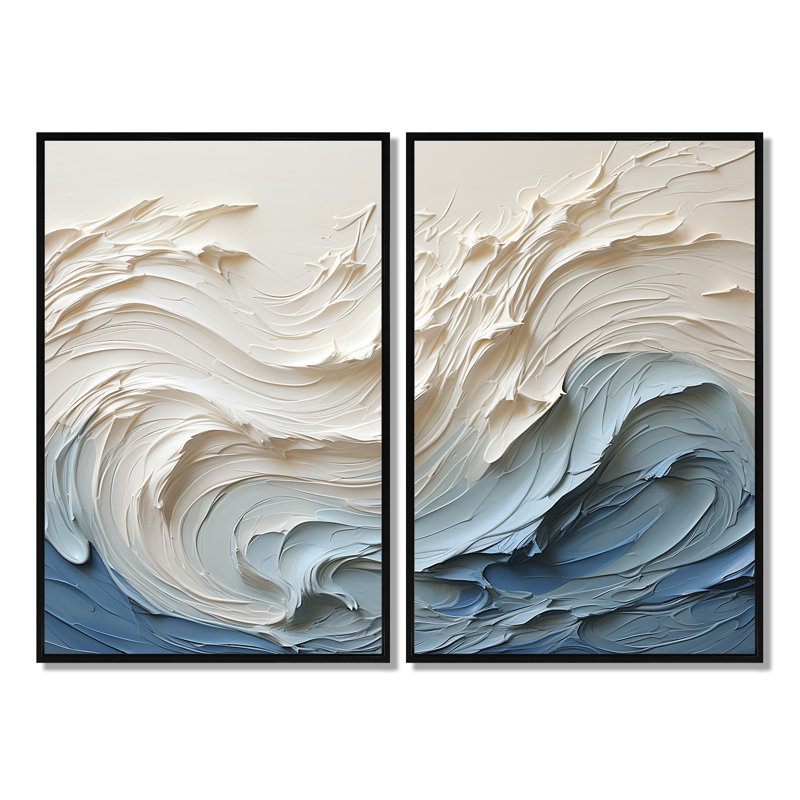 Vague blanche et bleue style Papercut - décoration murale bord de mer beige, H 36 po x l 48 po, Impression encadrée flottante