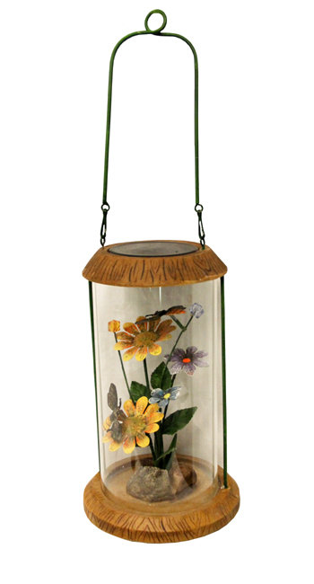 10.5" LED Solar Powered Outdoor Garden Lantern with Metal Flowers