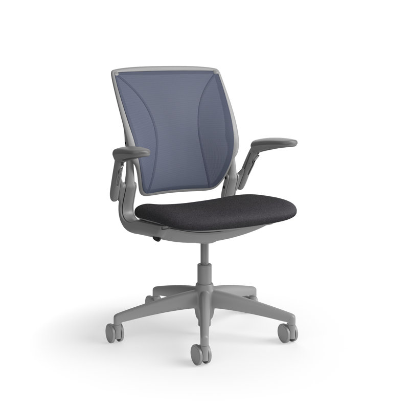 World LM, Ergonomic Task Chair with Poppy Seed Backrest, and  Autumn Upholstered Seat, Gray, Dark Gray Fabric, Blue Mesh