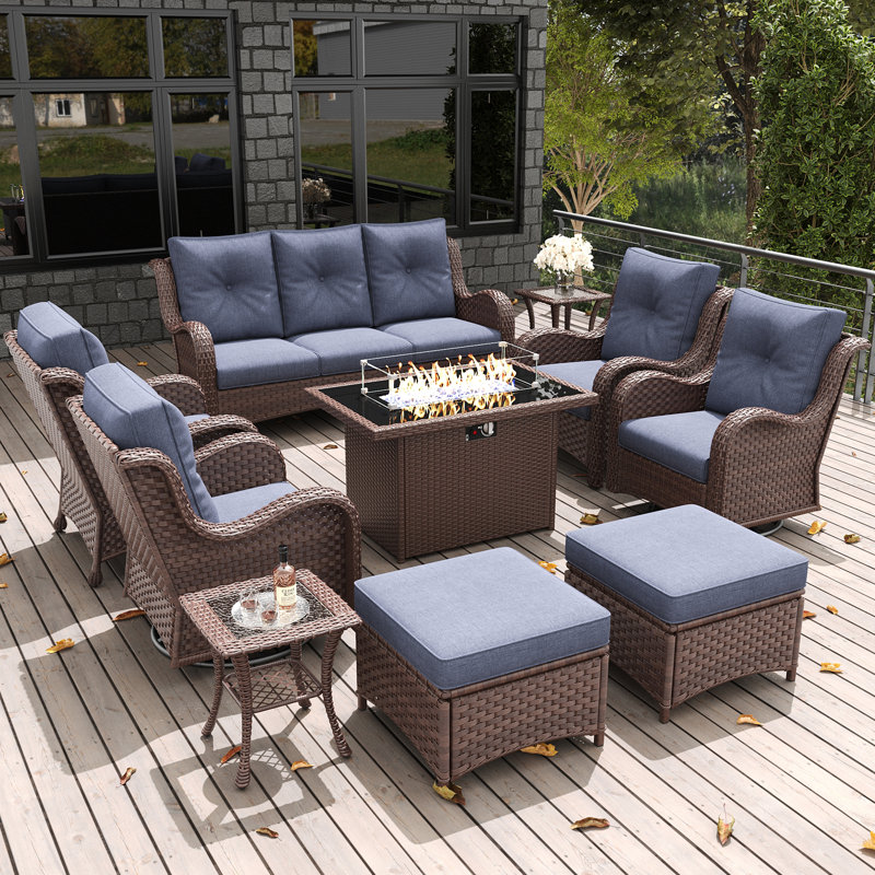 LayinSun 10 Pieces Outdoor Patio Furniture Set With 44'' Propane Fire Pit Table, Navy, Brown