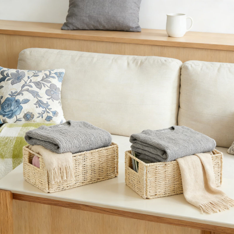Hand-Woven Paper Rope Storage Baskets, Set Of 2 Collapsible Wicker Organizer Bins For Shelves, Foldable Cube Baskets For Bathroom, Living Room, And Kitchen Organization