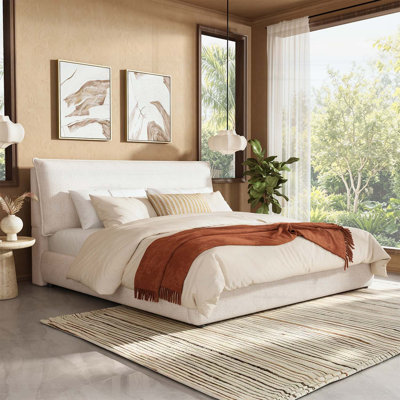 Upholstered Platform Bed Frame with Plush Pillow Headboard, Chenille Fabric, Wood Slats, No Box Spring, King, Cream White