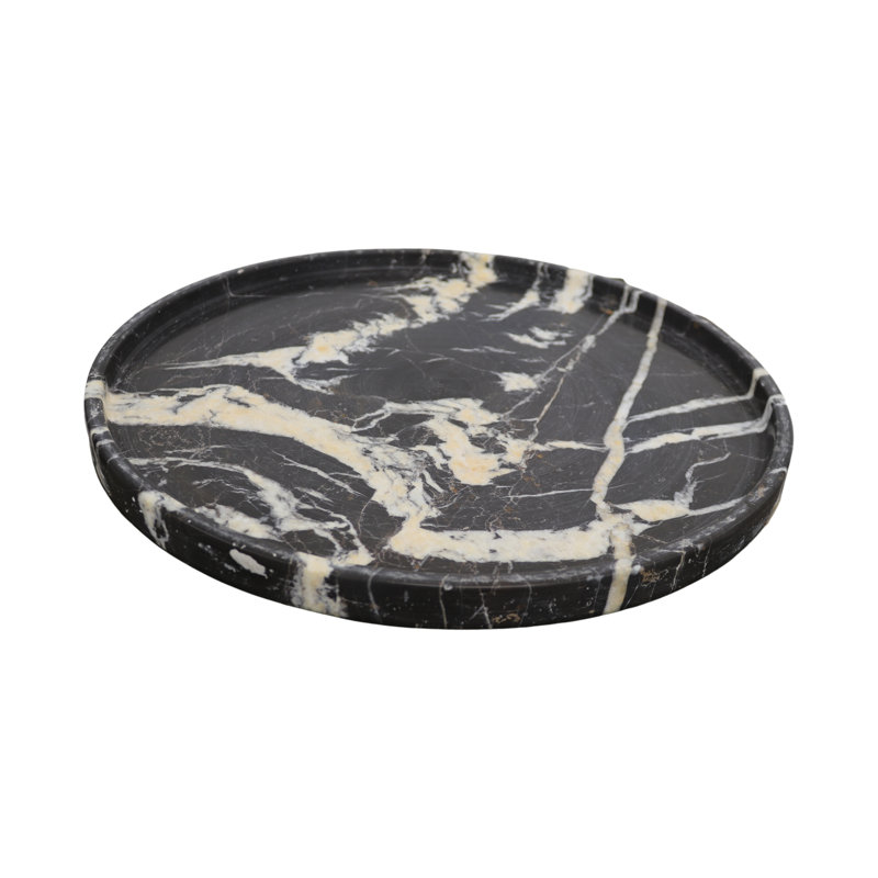 16” Round Black & Gold Marble Serving Tray – Elegant Luxury Home & Kitchen Decor, 16"W x 0.5"D x 1"H