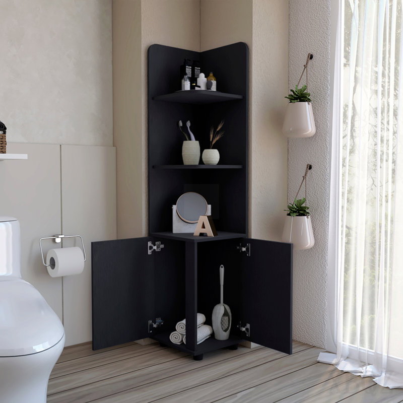 Armoire de coin de 62 po de hauteur à deux portes avec quatre tablettes noires