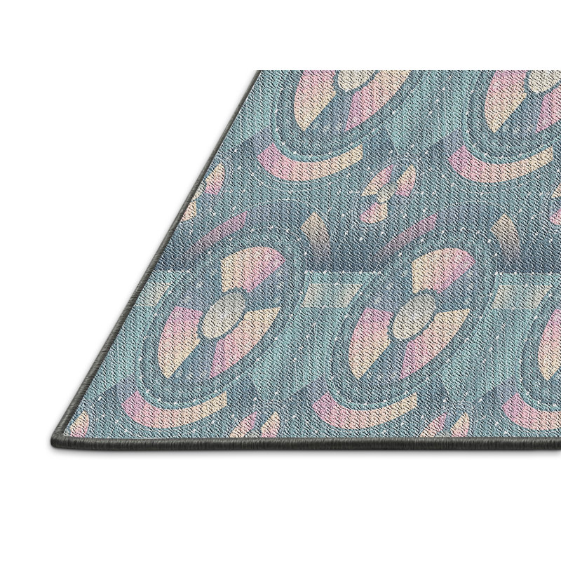 Tapis bleu/rose à motifs, Rectangle 4 pi x 6 pi