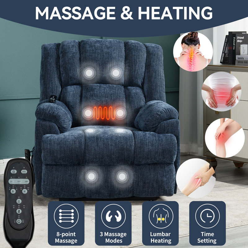 Electric Power Lift Chenille Recliner With Heat And Massage, Blue