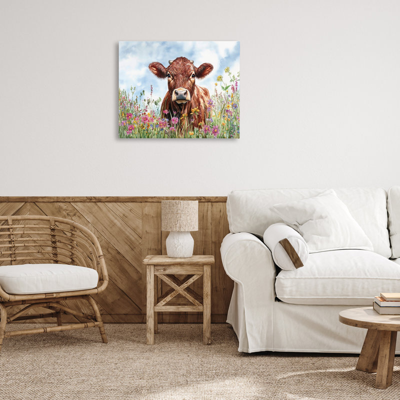 «Angus Cow in Field Of Flowers», art mural par Franklyn Gregory, H 24 po x l 30 po
