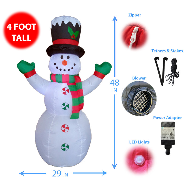 4 Foot Tall Lighted Christmas Inflatable Snowman with Hat Indoor / Outdoor Holiday Blow Up Yard Garden Decoration