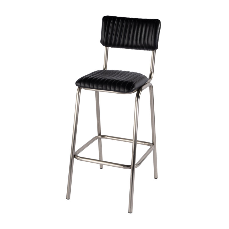 Tarak 30 in. Seat Height Leather and Iron Bar Height Stool with Back and Footrest, Silver/Black