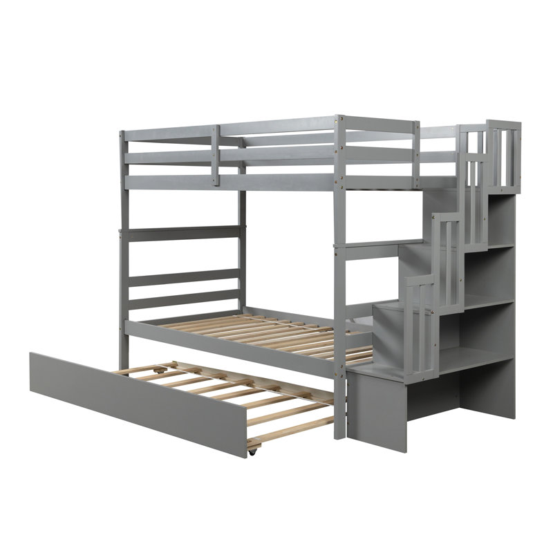 Lits simples superposés avec lit gigogne simple et fonction de rangement d'escalier gris