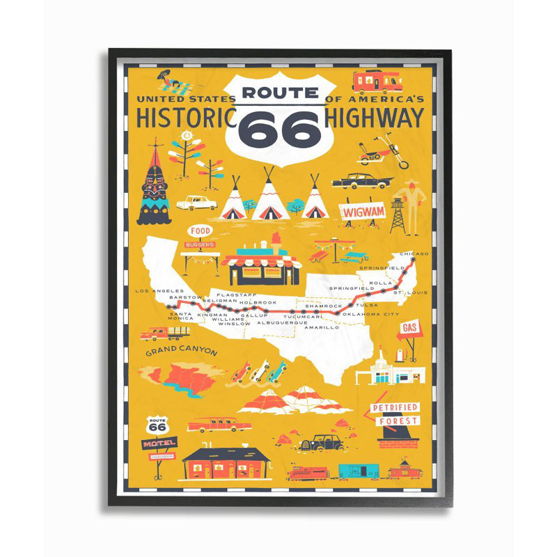 «US Route 66 Historic Highway», impression, H 20 po x l 16 po, Giclée encadrée noir minuit