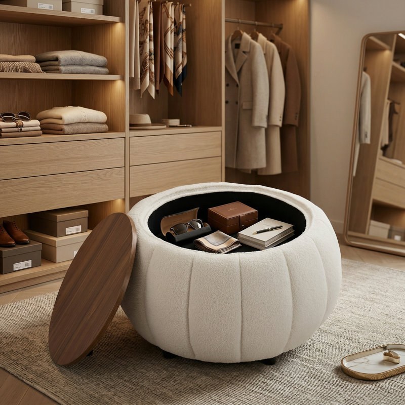 30 Inches Large Round Storage Ottoman, Modern Upholstered Ottoman Coffee Table, Wooden Top, Soft Teddy Fabric Surface, for Living Room, Bedroom, Pumpkin Shape,White