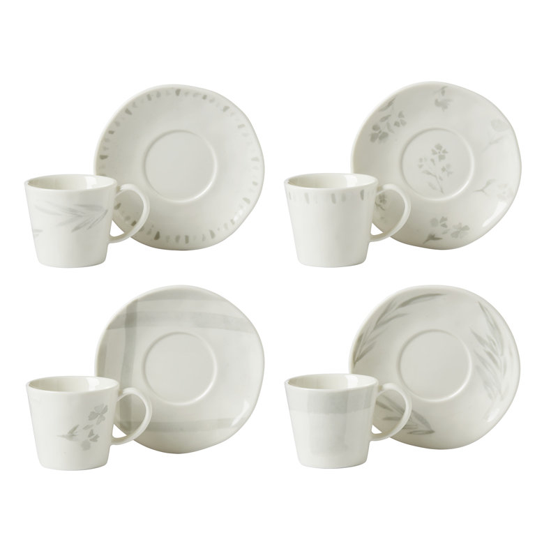 Oyster Bay White Ceramic Espresso Cups with Saucers, Set of 4