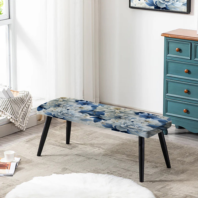 Banc rembourré damassé noir, Damas floral blanc et bleu Misty