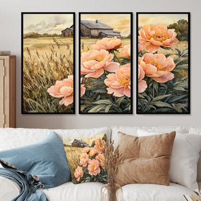 Farm Peonies In The Grain Bin Field IV - Peonies Wall Art For Living Room - Set Of 3