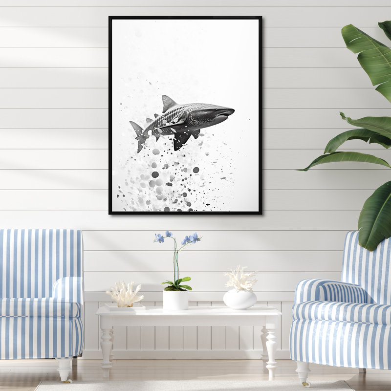 " Monochrome Gray Shark Dance ", Black Floater Framed, 20" H x 12" W
