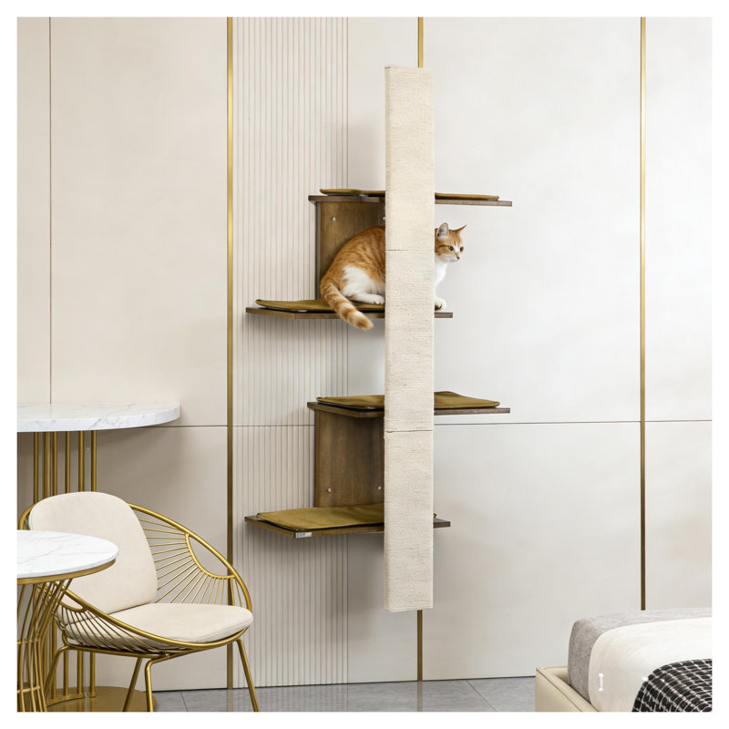 Système de tablettes murales pour chat à 4 niveaux avec accents de jute et de lin, beige et bois naturel