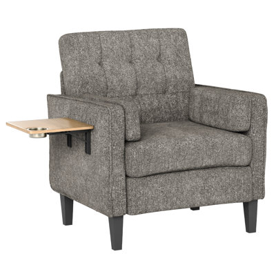 29" Wide Upholstered Solid Wood Accent Chair With Folding Side Table
