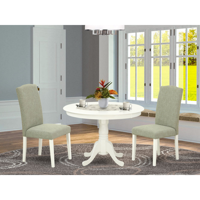 3 Piece Dining Set for Small Spaces Contains a Round Dining Room Table with Pedestal and 2 Dark Shitake Linen Fabric Parson Chairs, Linen White