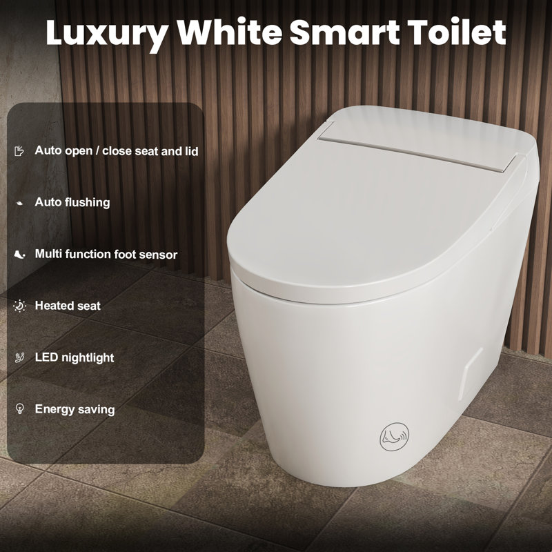 Toilettes monobloc intelligentes avec siège chauffant, réservoir intégré, veilleuse, chasse d'eau automatique, couvercle à ouverture/fermeture automatique et émail antibactérien.
