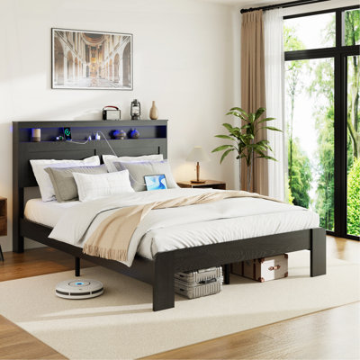 Bed Frame King Size, Wood Platform Bed Frame With Storage LED Light Headboard And 2 USB , Noise Free,No Box Spring Needed And Easy Assembly Tool,Large Under Bed Storage,Dark Black