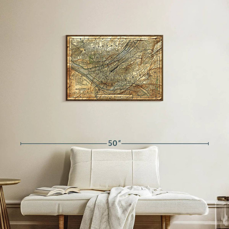 Carte rétro de la ville de Pittsburgh, Cadre flottant en noyer, 31 po x 21 po