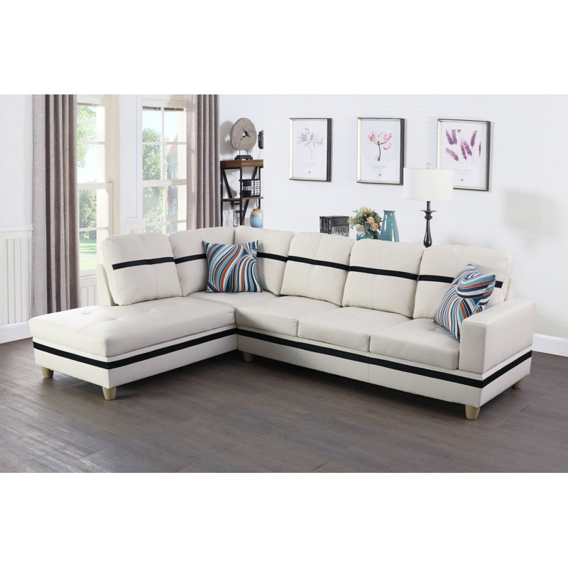 Elish Faux Leather L-Shaped Sectional, White/Black Faux Leather, Left Hand Facing