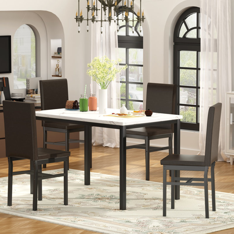 4 - Person Four Leg Dining Set, Marble Black, Black