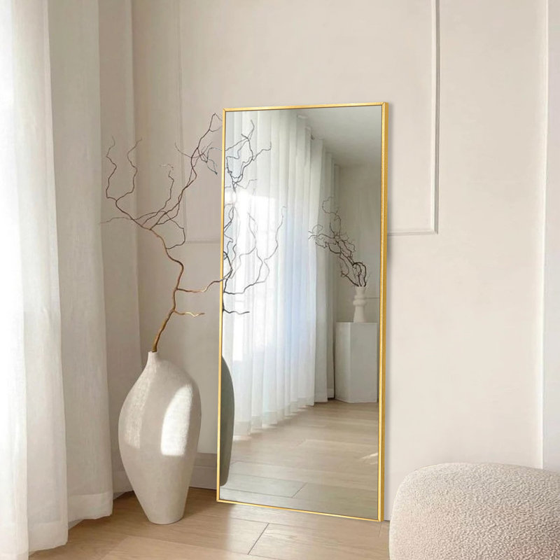 Vertell Oversize Rectangle Full Length Metal Mirror for GYM/ Bedroom with Stand, Brushed Gold, 65" x 22"
