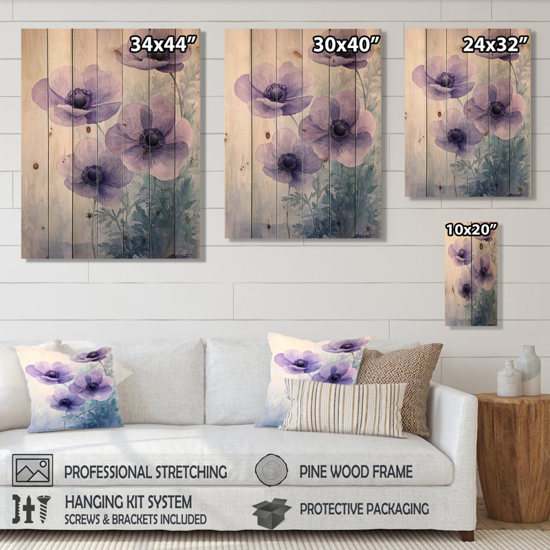 Lavender Anemone Serenity IV - Poppies Wooden Wall Art On Natural Pine Wood, 20" H x 10" W x 0.78" D